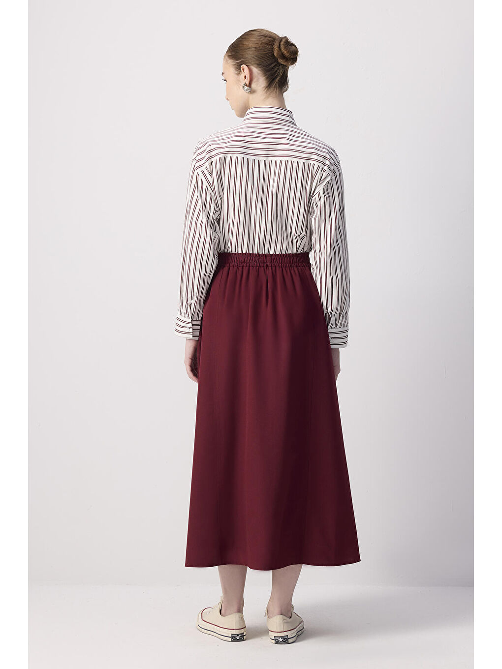 Bordo Beli Büzgülü Dokuma Etek-2