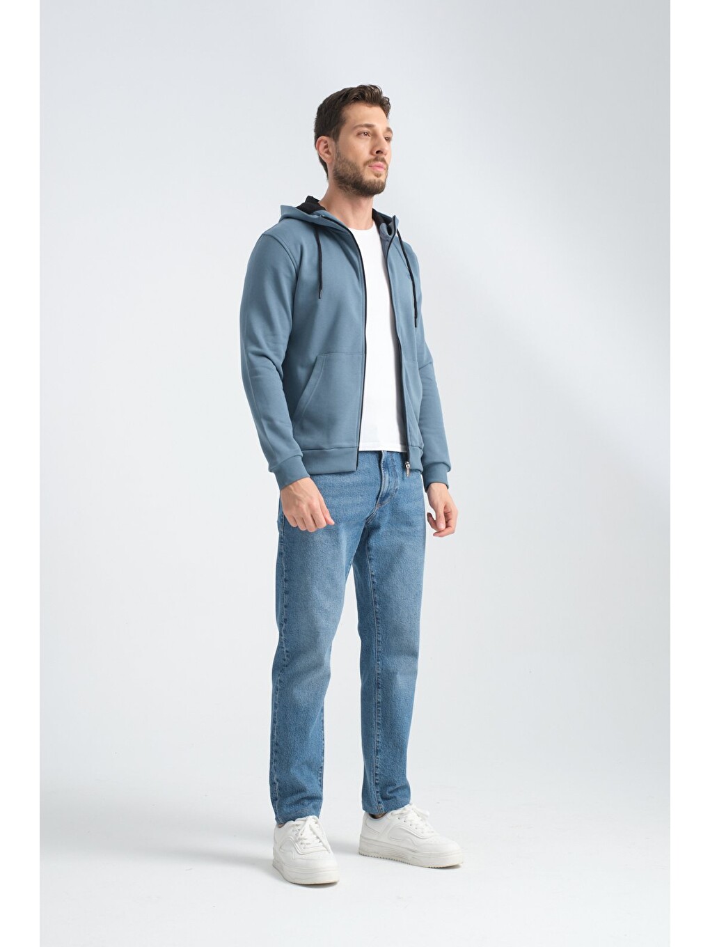 Orman Yeşili Erkek Üç İplik Şardonsuz Fermuarlı Kapüşonlu Sweatshirt-6