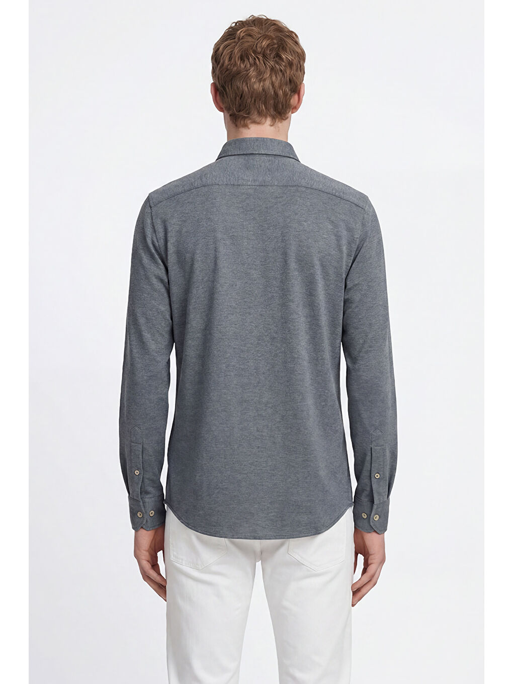 Erkek İndigo Pamuklu Tailored Slim Fit Dar Kesim Düğmeli Yaka Örme Gömlek-5