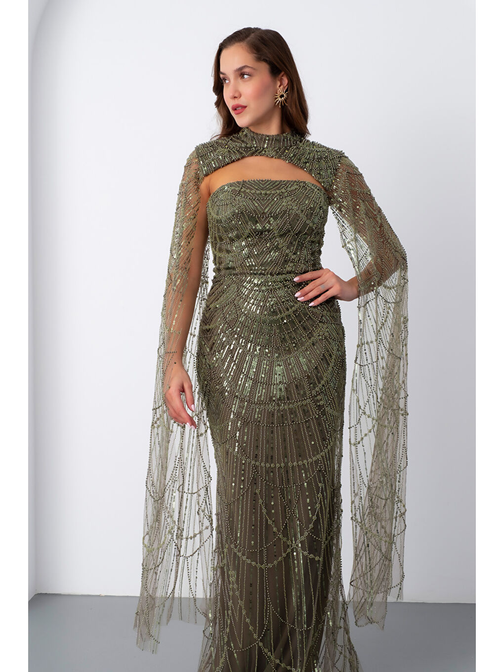 Kadın Haki Şallı Uzun Kol Dik Yaka Boncuklu Abiye-2