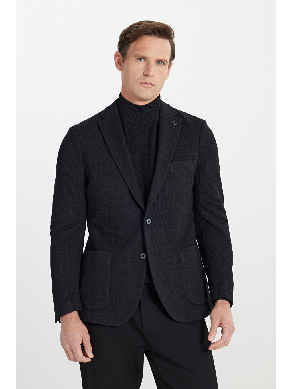 Erkek Siyah Slim Fit Dar Kesim Mono Yaka Torba Cepli Yünlü Esnek Blazer Ceket-2
