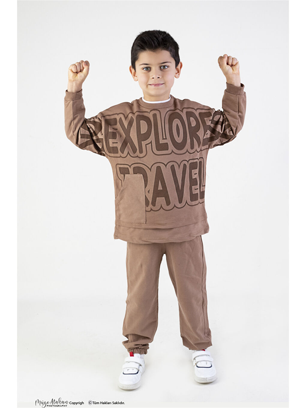 Kahverengi Erkek Çocuk Explorer Baskılı Örme Basic Eşofman Takımı-1