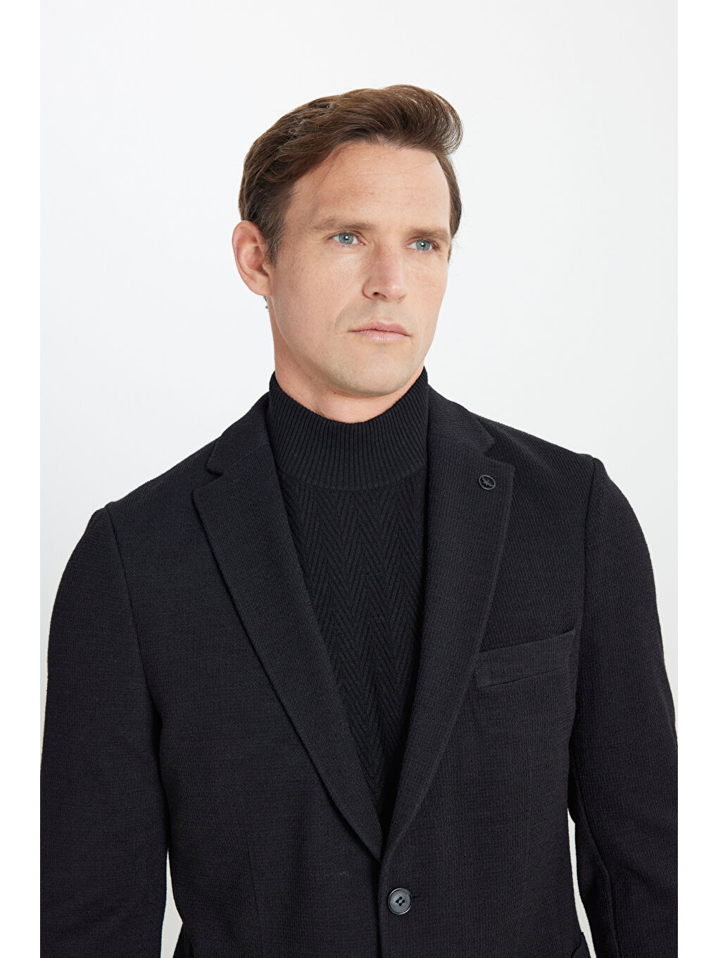 Erkek Siyah Slim Fit Dar Kesim Mono Yaka Torba Cepli Yünlü Esnek Blazer Ceket-3
