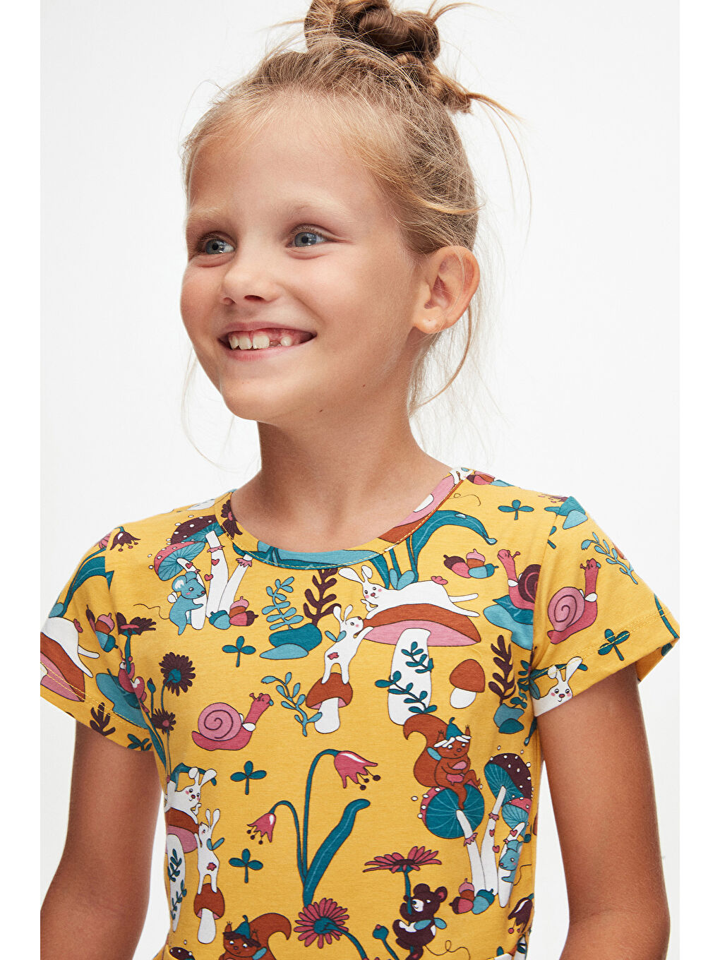 Karışık Kız Çocuk Cheerful Mushroms Desen Kısa Kol Kloşe Etek Elbise-1