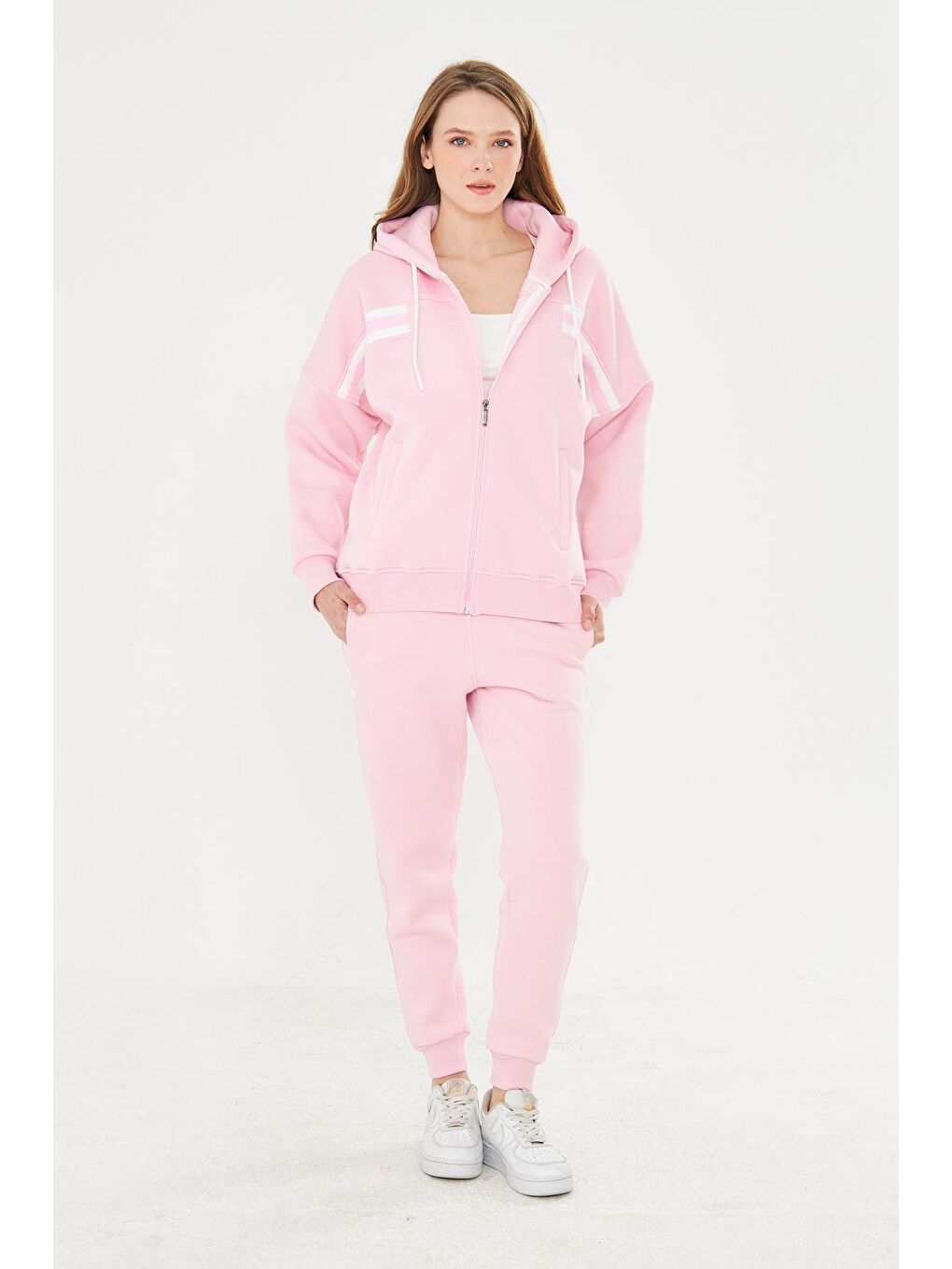 Kadın İçi Polarlı Kapüşonlu Kışlık Eşofman Takımı Pembe 8520-P-1