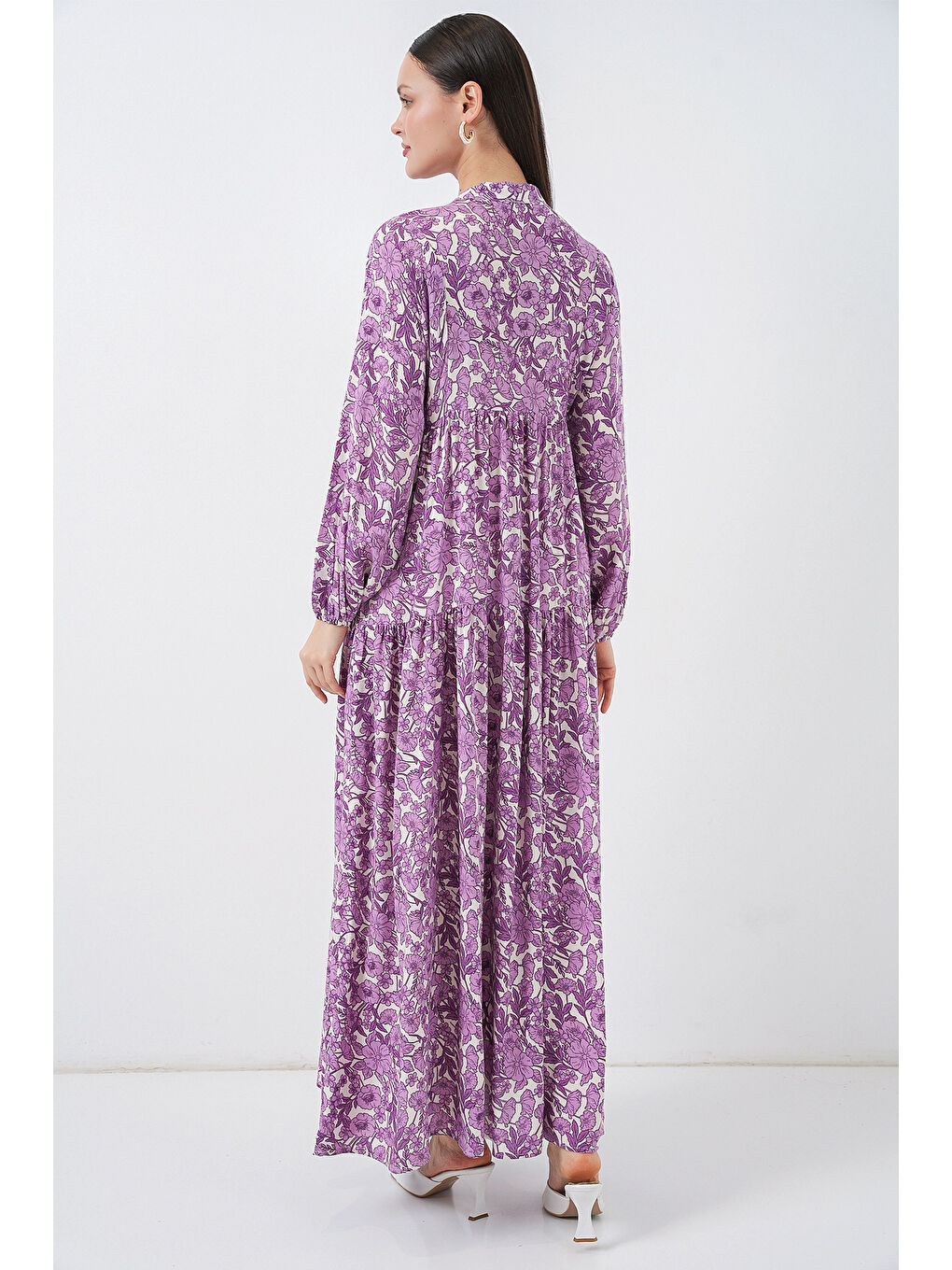 Kadın Desenli Uzun Tesettür Elbise 2585 - Lila-7