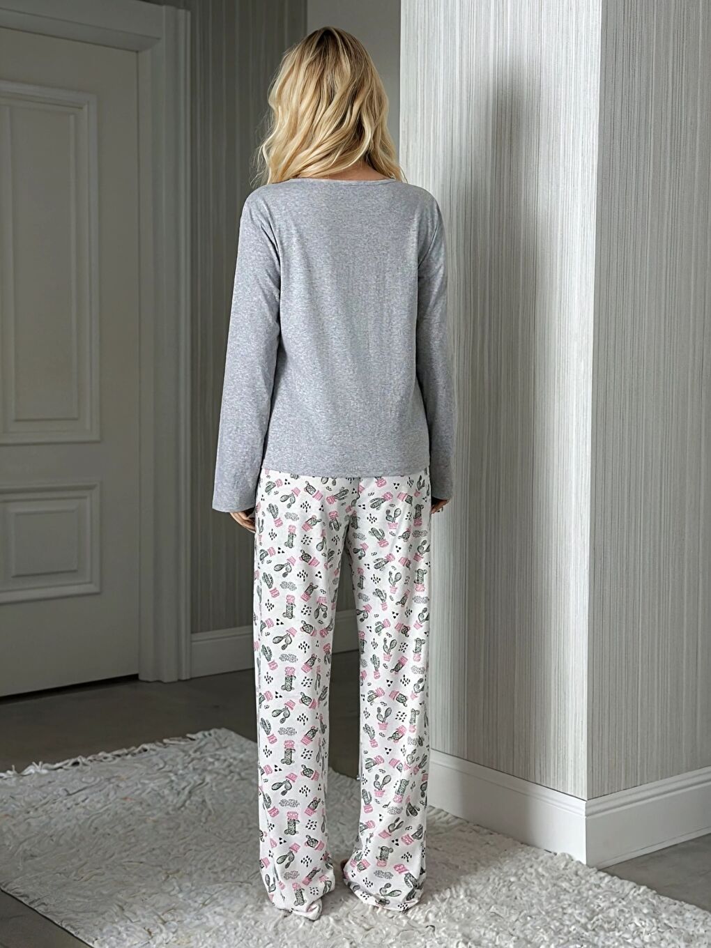 Gri Kaktüs Desenli Uzun Kol Kadın Pijama Takımı-2