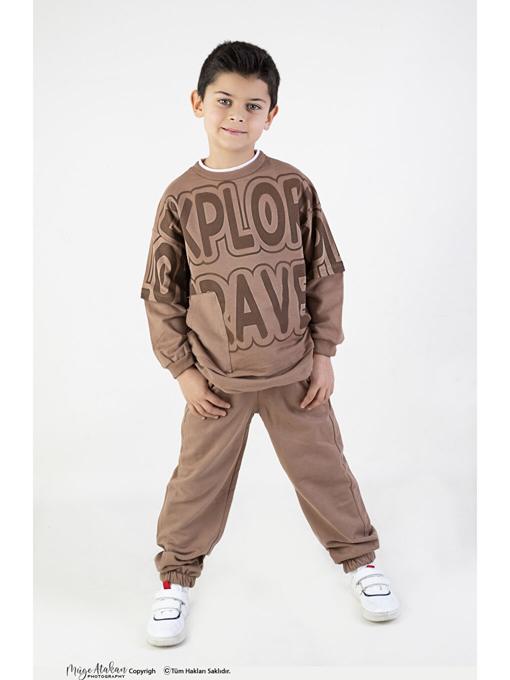 Kahverengi Erkek Çocuk Explorer Baskılı Örme Basic Eşofman Takımı-3