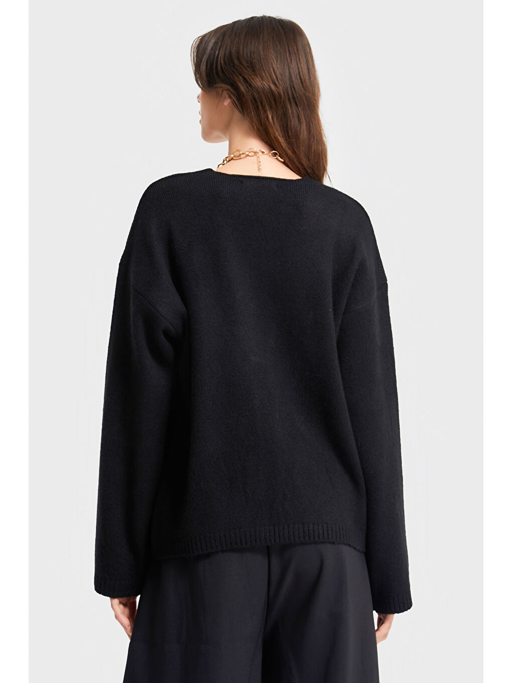 Kadın Siyah Renk w5-1 Önü Bağcıklı Oversize Triko Kazak-4