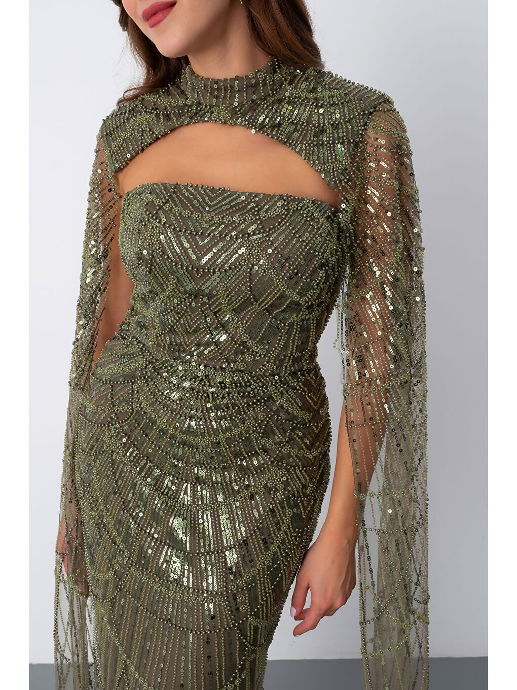 Kadın Haki Şallı Uzun Kol Dik Yaka Boncuklu Abiye-3