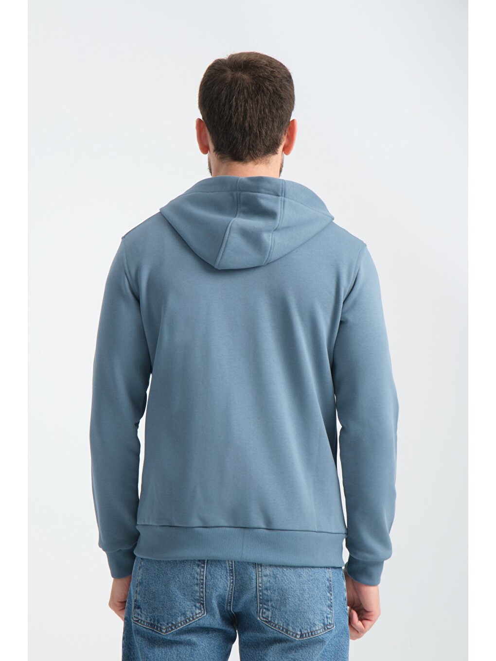 Orman Yeşili Erkek Üç İplik Şardonsuz Fermuarlı Kapüşonlu Sweatshirt-7