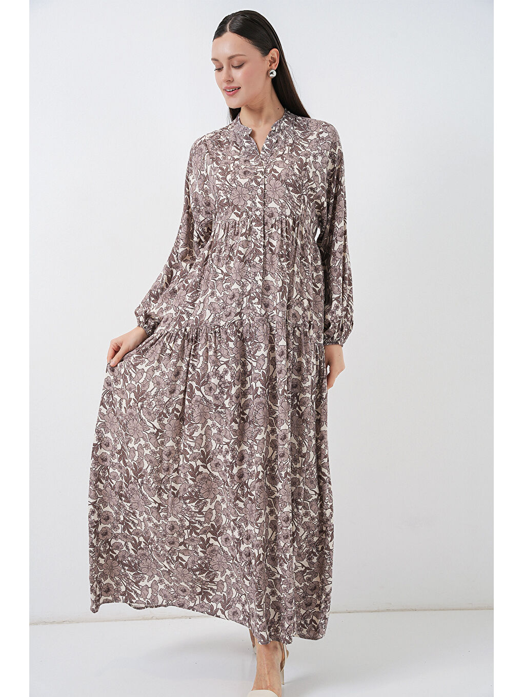 Kahverengi Kadın Desenli Uzun Tesettür Elbise 2585 - E. Kahve-1