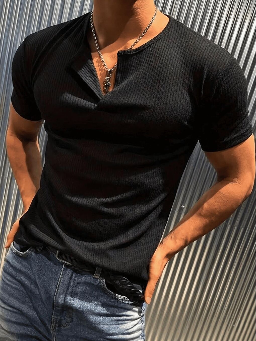 Siyah San Loe Erkek Slim Fit Elastanlı Henley Yaka   Tişört - Düğmeli Esnek Kumaş-1