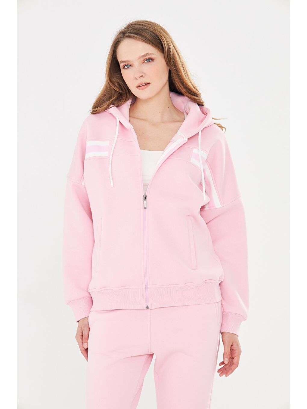 Kadın İçi Polarlı Kapüşonlu Kışlık Eşofman Takımı Pembe 8520-P-2