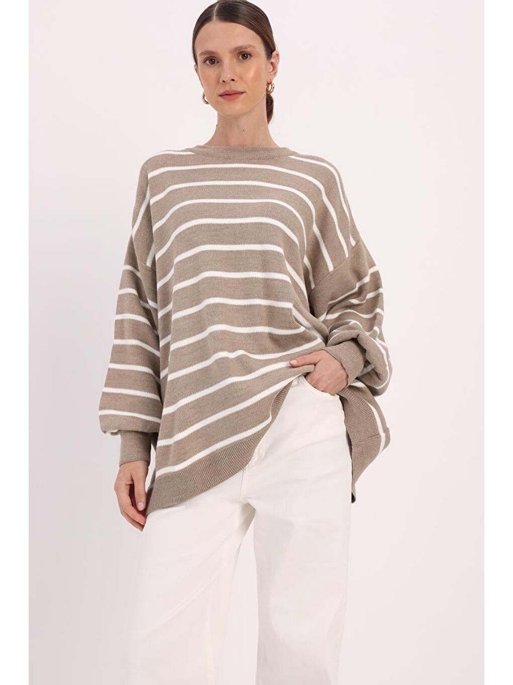 Bej-Çizgili Balon Kollu Oversize Tunik