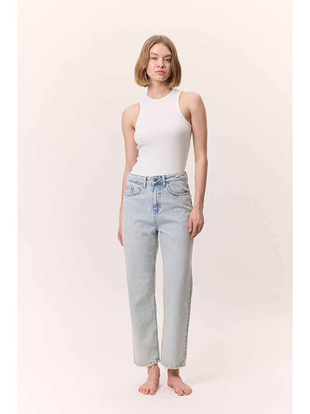 Yüksek Bel Mom Fıt Jean Buz Mavi-1