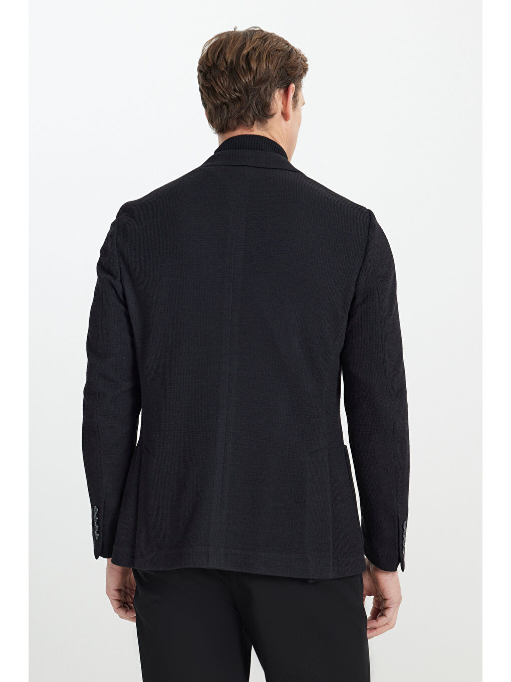 Erkek Siyah Slim Fit Dar Kesim Mono Yaka Torba Cepli Yünlü Esnek Blazer Ceket-4