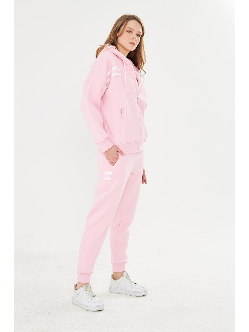 Kadın İçi Polarlı Kapüşonlu Kışlık Eşofman Takımı Pembe 8520-P-3
