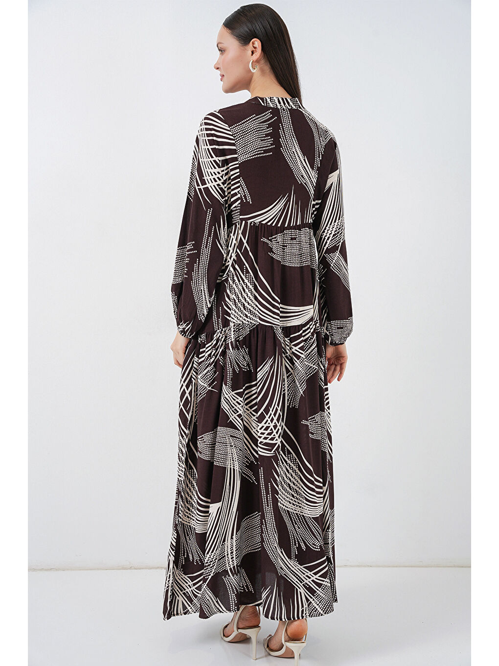 Kadın Desenli Uzun Tesettür Elbise 2585 - B.Kahverengi-6