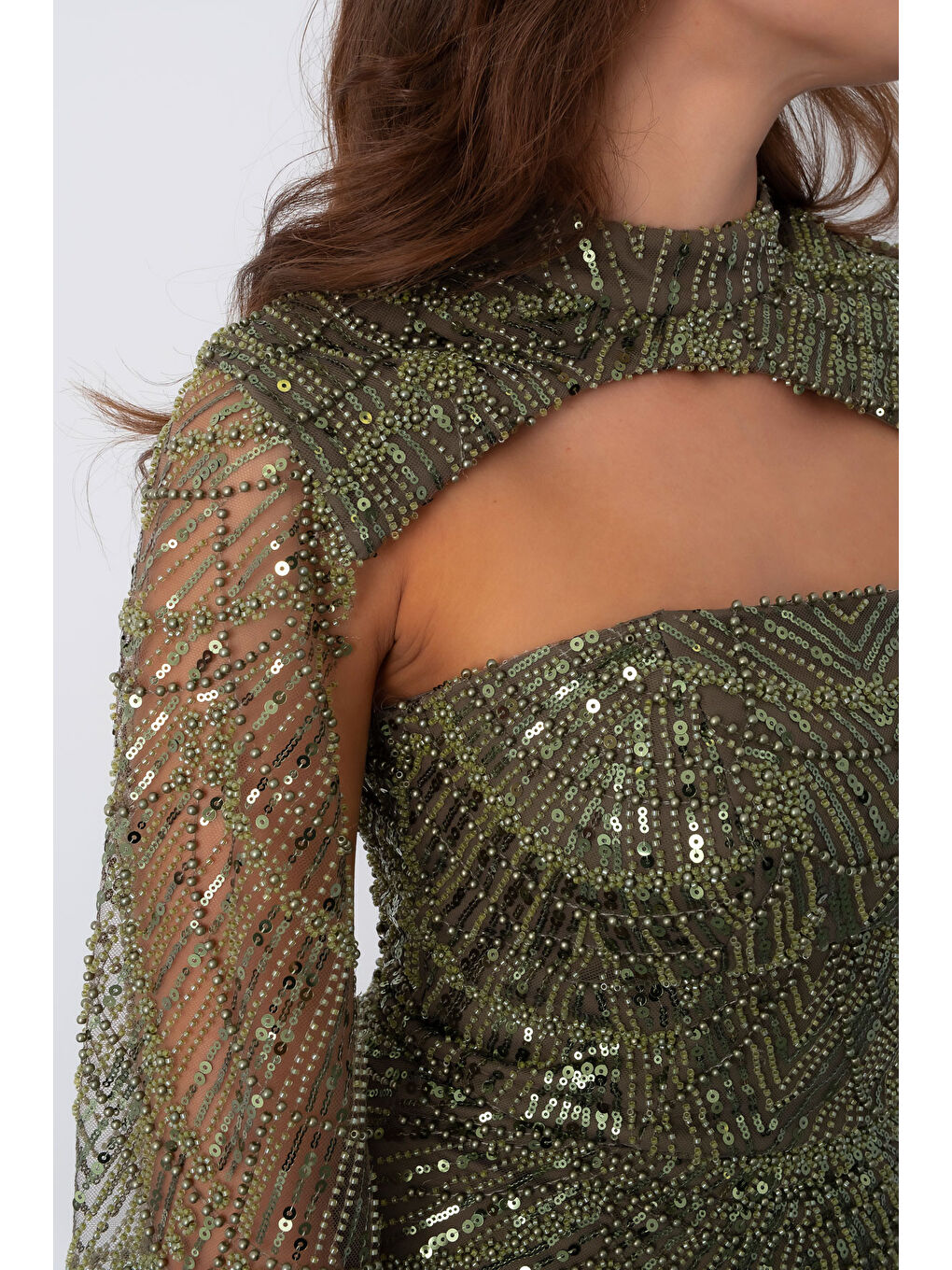 Kadın Haki Şallı Uzun Kol Dik Yaka Boncuklu Abiye-4