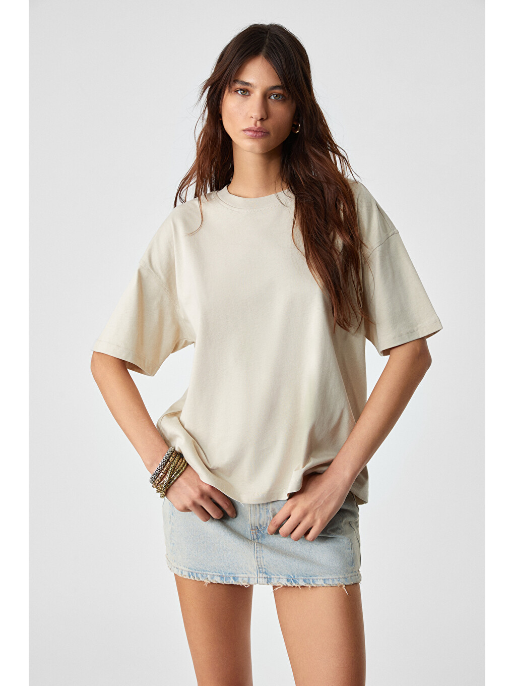 Bej LAGERTHA Kadın %100 organik Pamuklu Kalın Dokulu Oversize Fit Yuvarlak Yakalı TAŞ T-Shirt-2