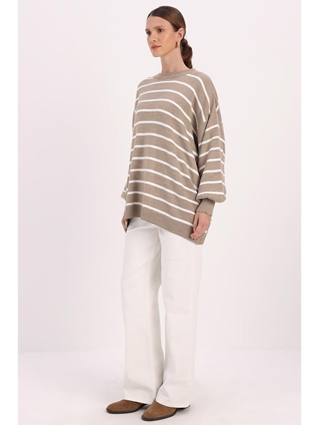 Bej-Çizgili Balon Kollu Oversize Tunik-2