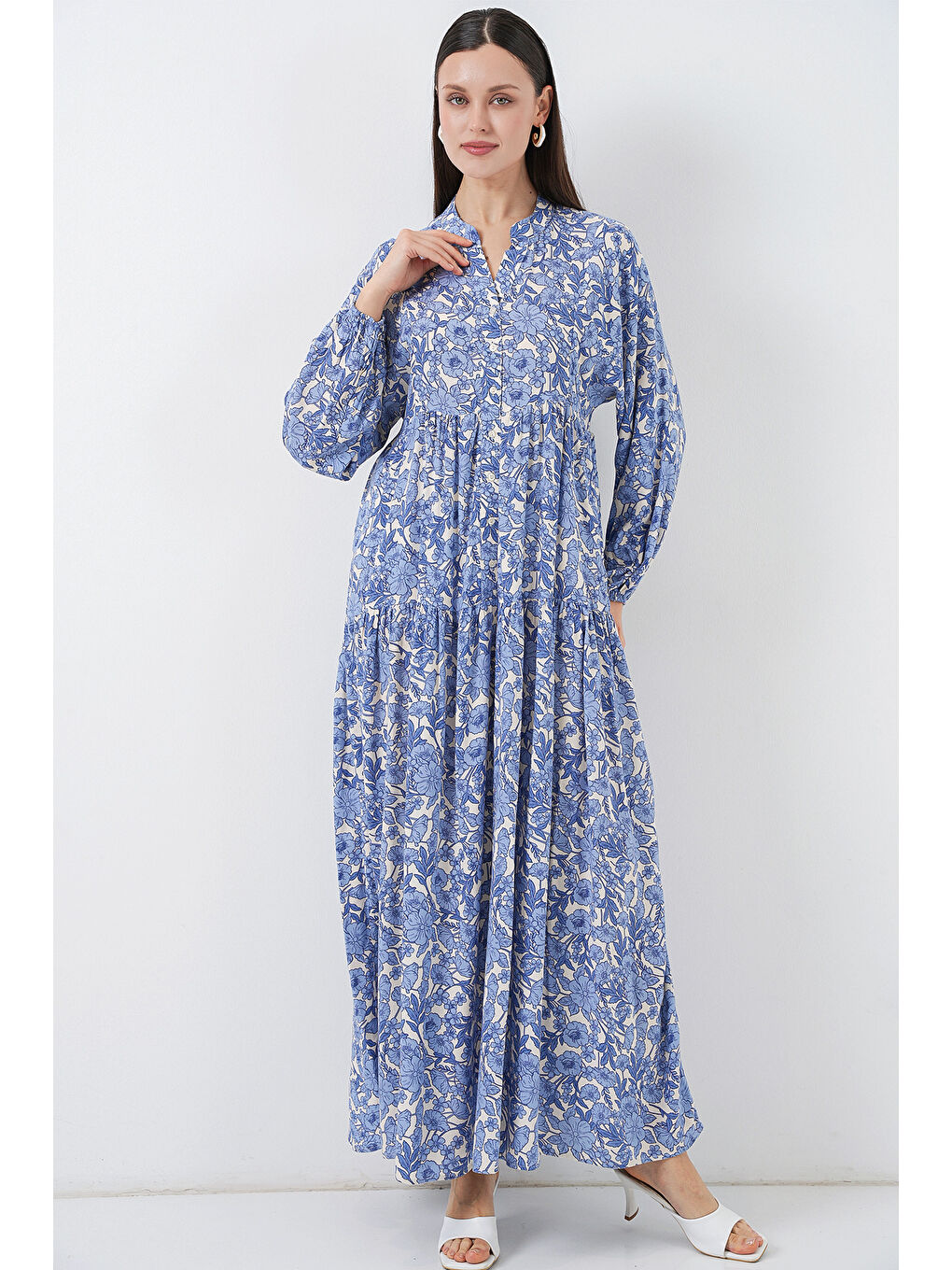 Lacivert Kadın Desenli Uzun Tesettür Elbise 2585 - D. İndigo