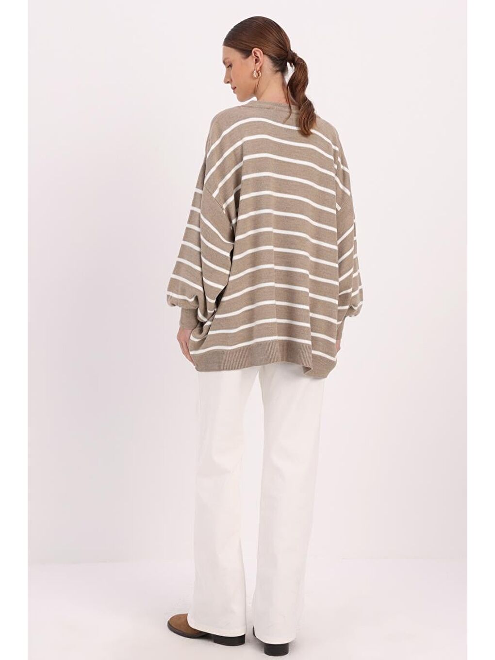 Bej-Çizgili Balon Kollu Oversize Tunik-3