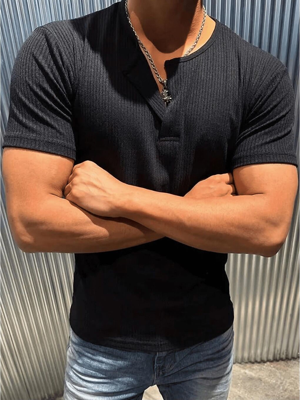 Siyah San Loe Erkek Slim Fit Elastanlı Henley Yaka   Tişört - Düğmeli Esnek Kumaş-2