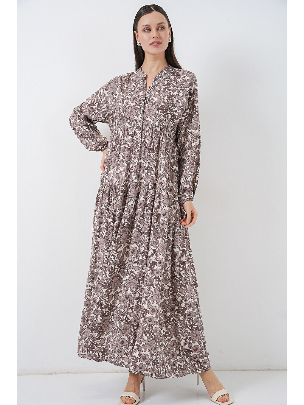 Kahverengi Kadın Desenli Uzun Tesettür Elbise 2585 - E. Kahve-2