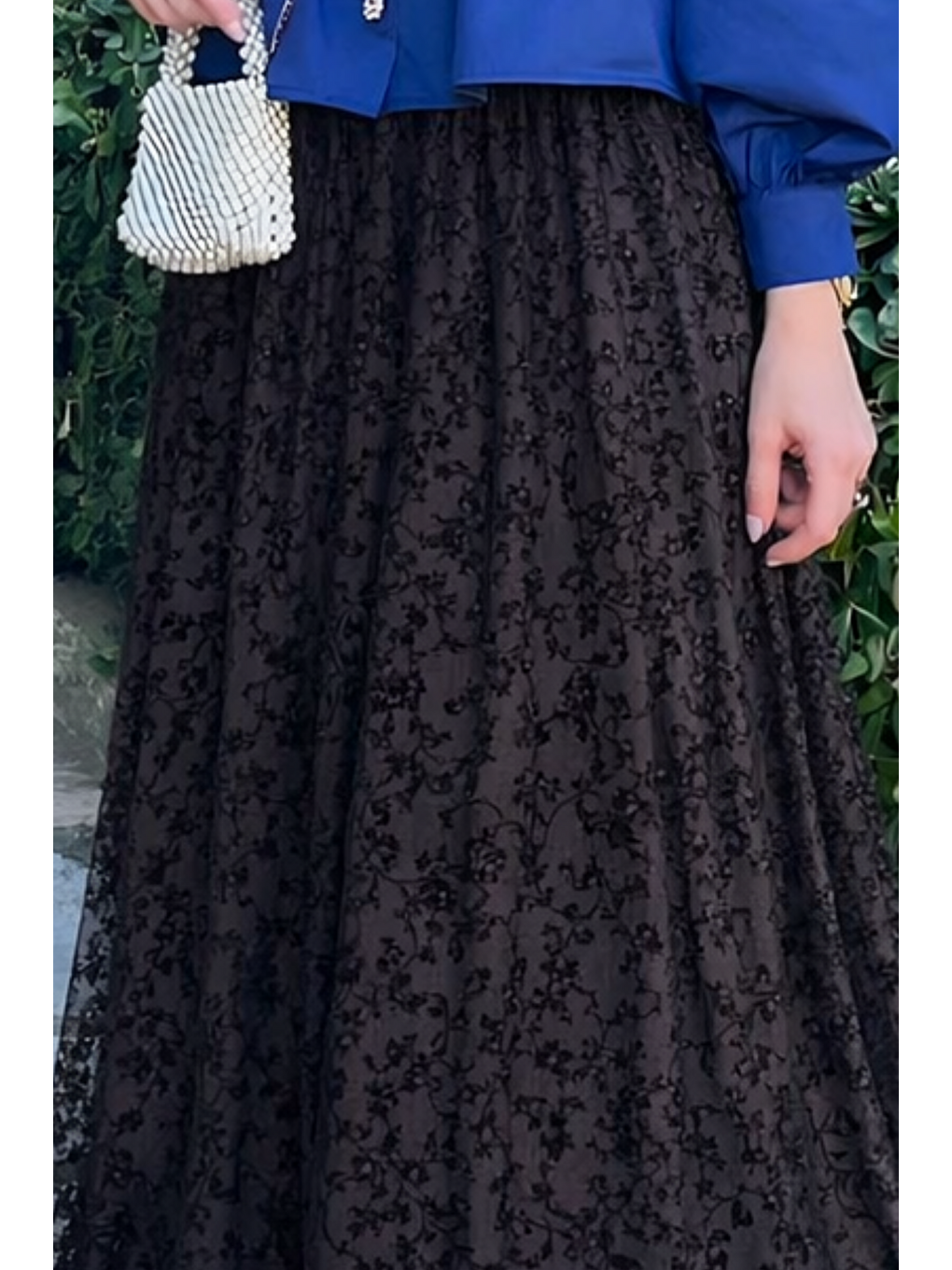 Kahverengi Kadın Premium Comfort Desenli Kahve Uzun Tül Tesettür Etek-4