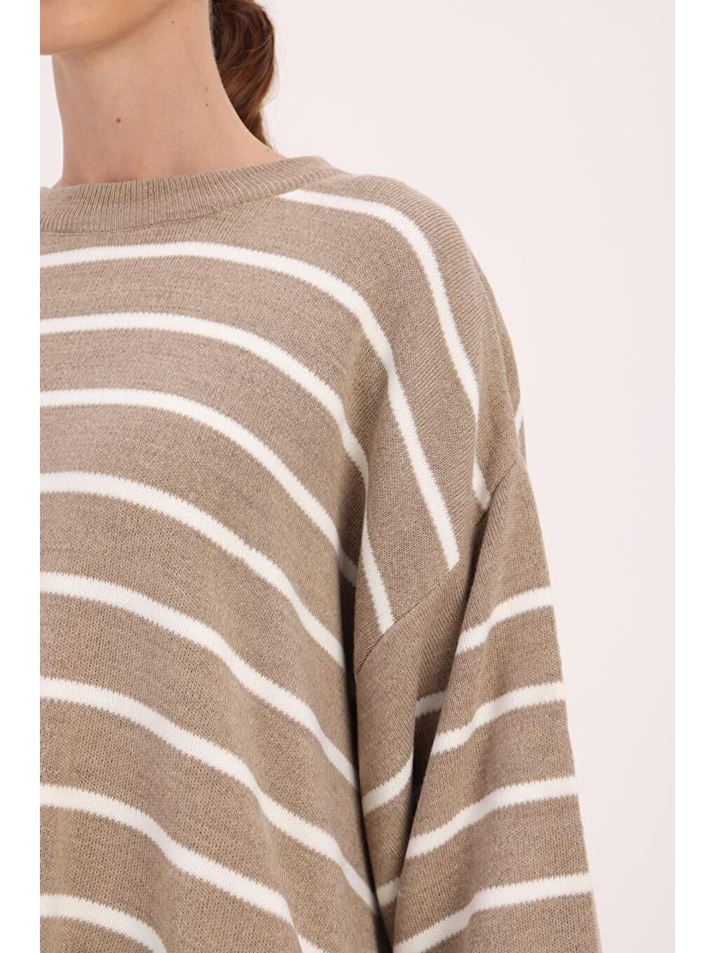 Bej-Çizgili Balon Kollu Oversize Tunik-4