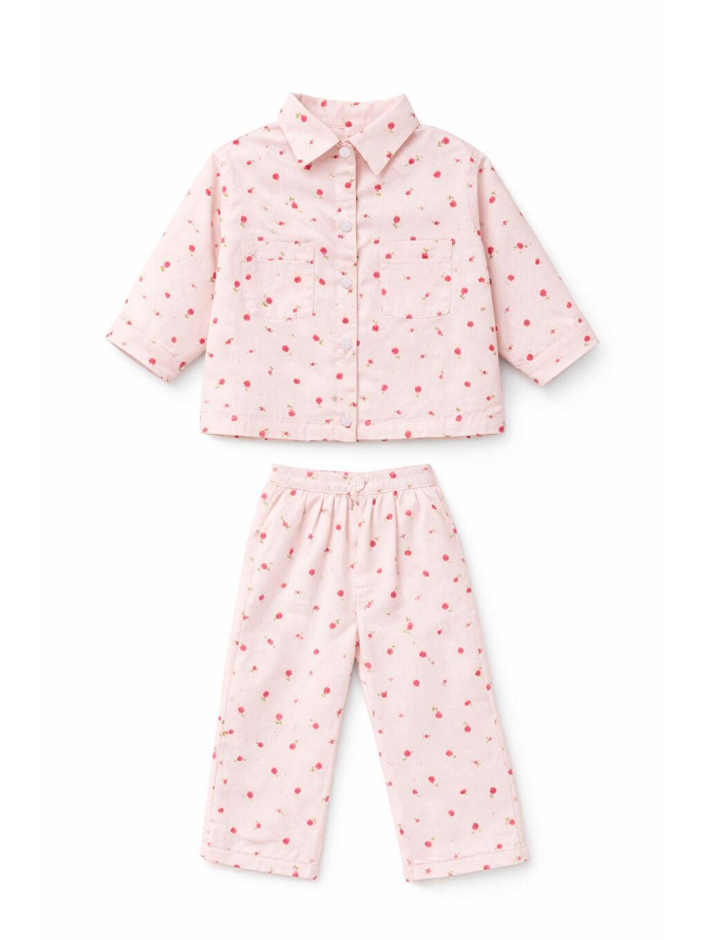 Kız Çocuk Pamuklu Pembe Çiçek Desenli Ceket Yaka Pantolon Takım-1