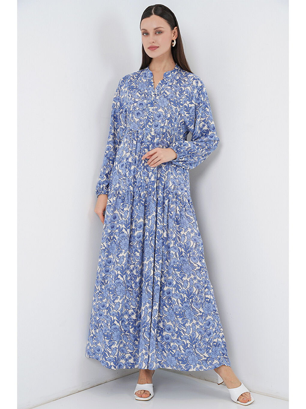 Lacivert Kadın Desenli Uzun Tesettür Elbise 2585 - D. İndigo-1