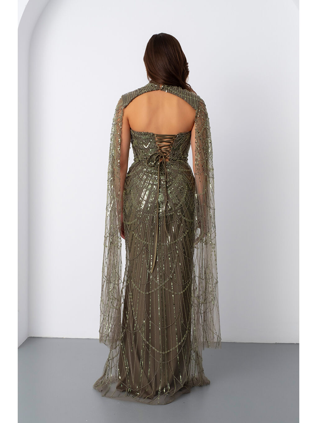 Kadın Haki Şallı Uzun Kol Dik Yaka Boncuklu Abiye-5