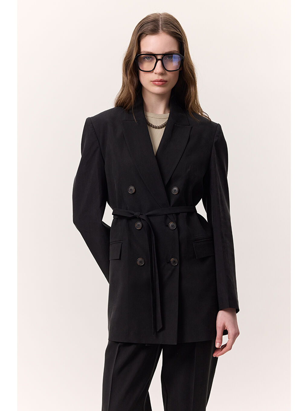 Lyocell Kemerli Kruvaze Blazer Ceket Siyah