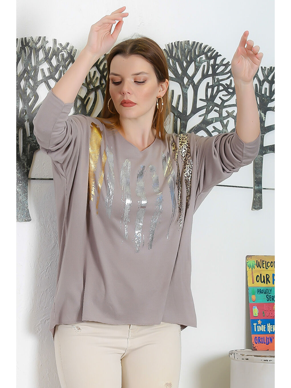 Bej İtalyan Vizon Havuz Yaka Uzun Kol Varak Baskılı Casual Triko Bluz-2