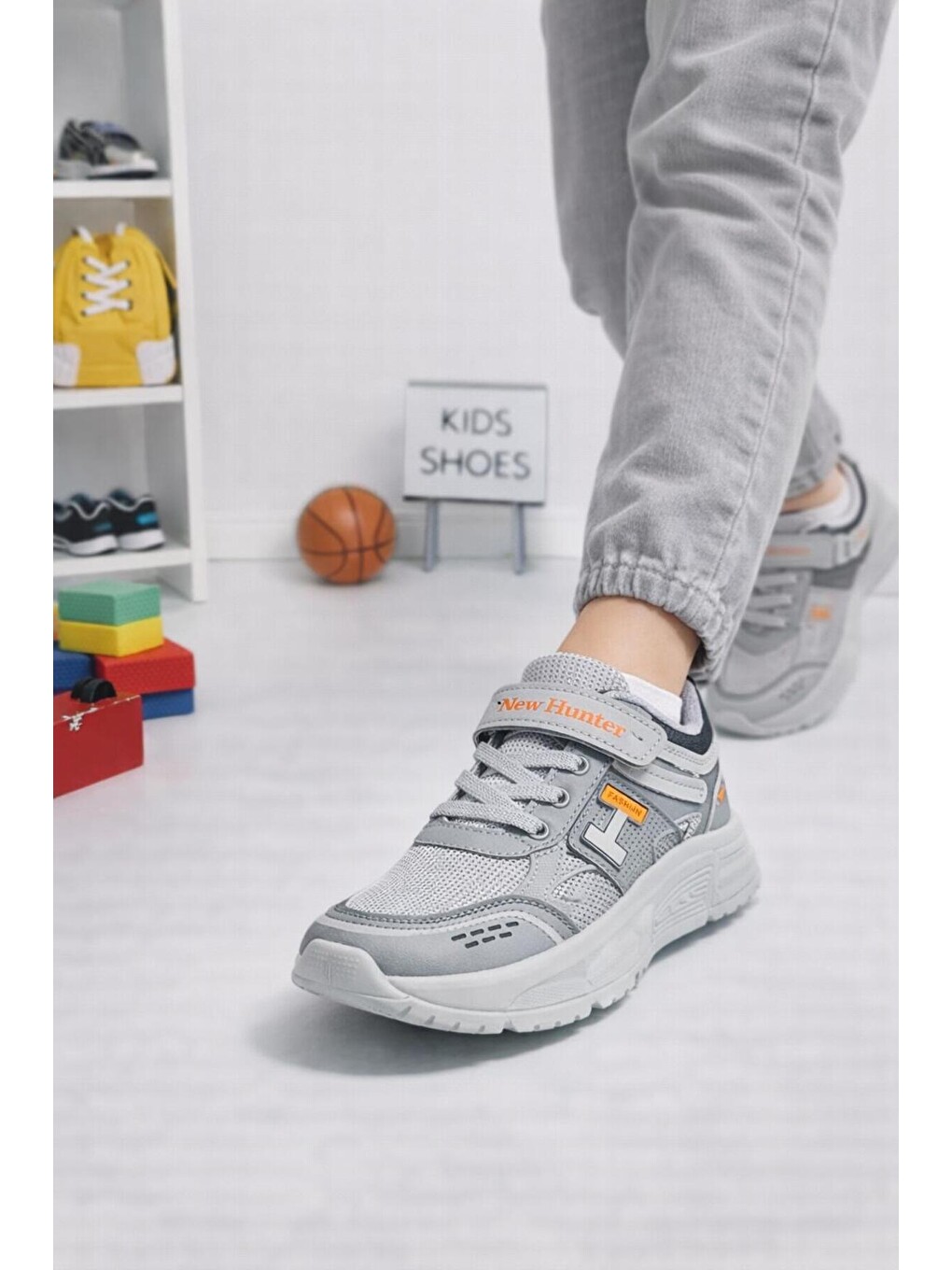 Gri Unisex Çocuk Spor Günlük Hafif Taban Cırtlı Bağcıklı Nefes Alabilen Kaymaz Okul Ve Günlük Sneaker-1