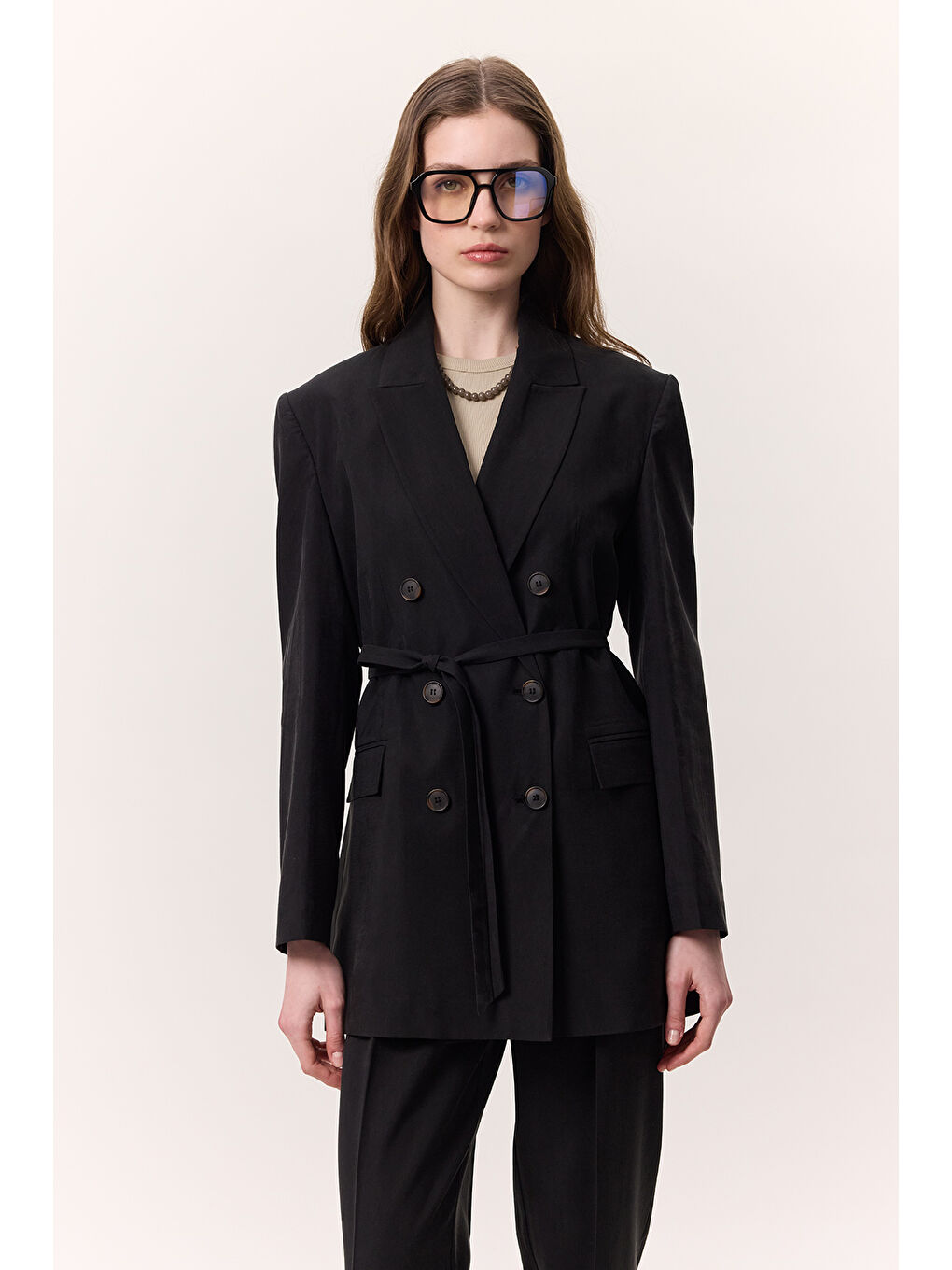 Lyocell Kemerli Kruvaze Blazer Ceket Siyah-1