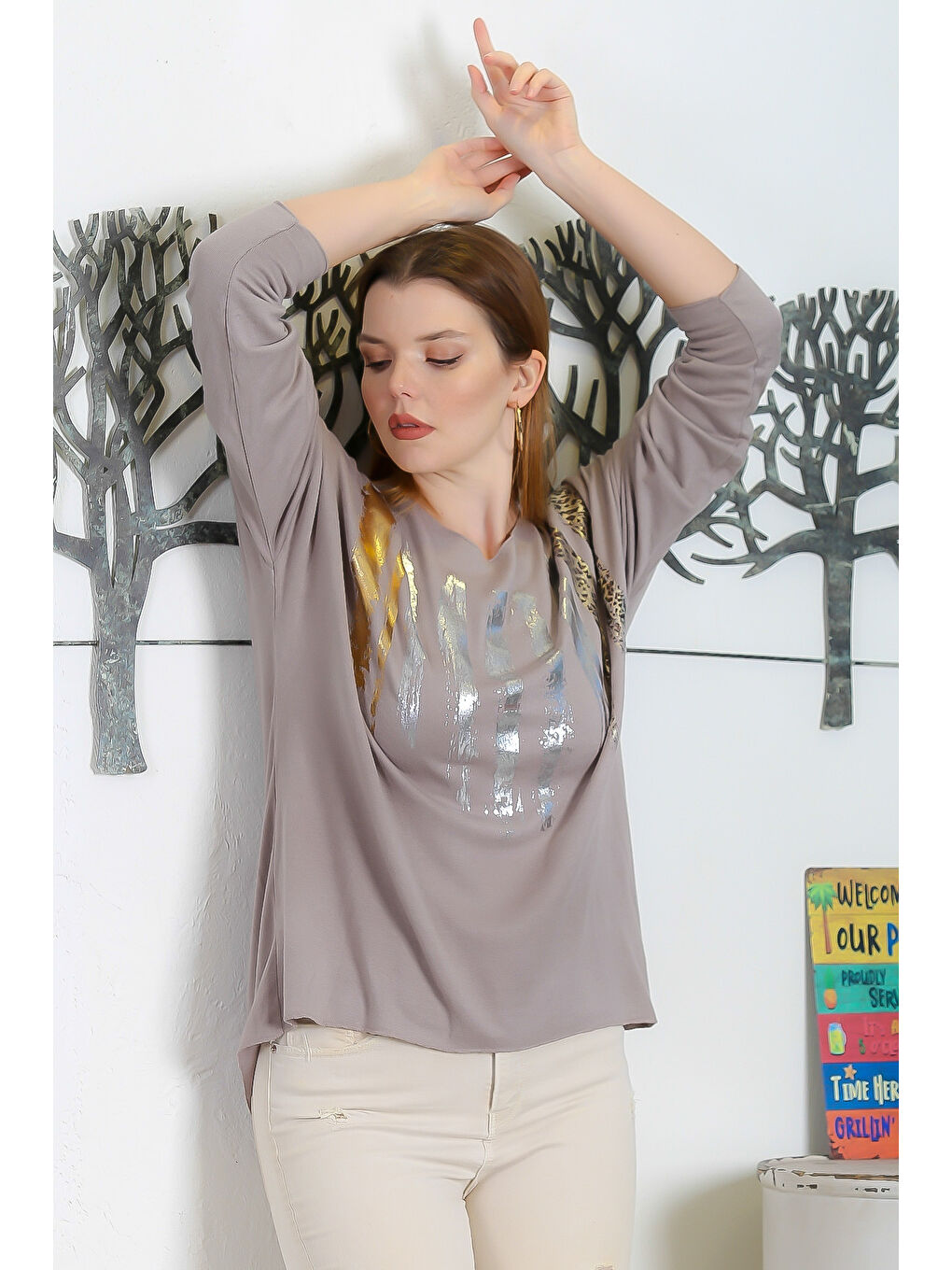 Bej İtalyan Vizon Havuz Yaka Uzun Kol Varak Baskılı Casual Triko Bluz-3