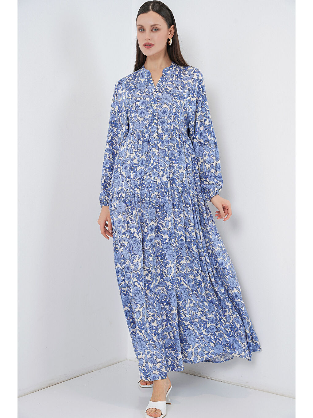 Lacivert Kadın Desenli Uzun Tesettür Elbise 2585 - D. İndigo-2