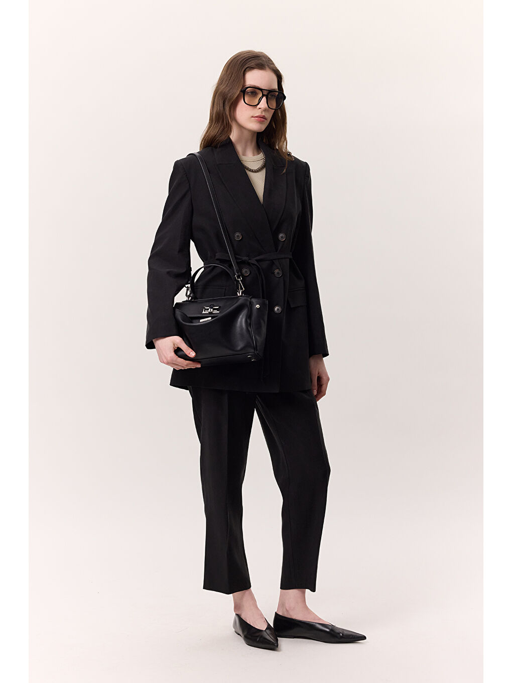 Lyocell Kemerli Kruvaze Blazer Ceket Siyah-2