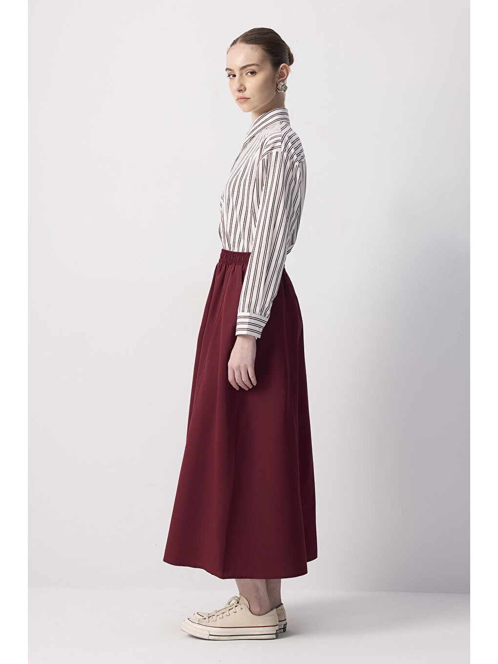 Bordo Beli Büzgülü Dokuma Etek-3