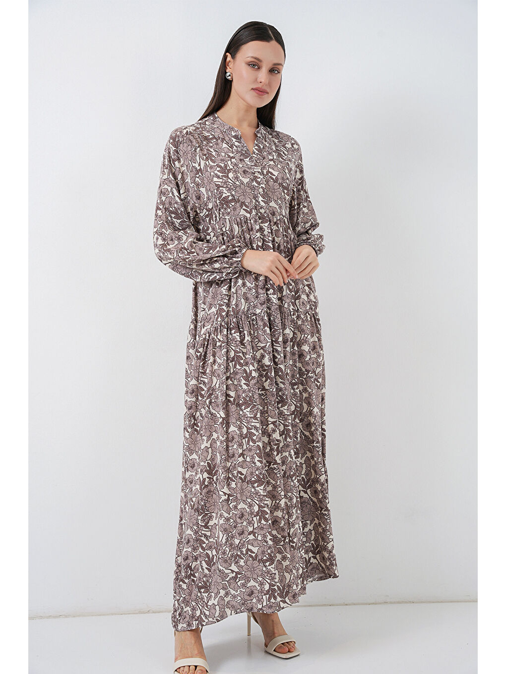 Kahverengi Kadın Desenli Uzun Tesettür Elbise 2585 - E. Kahve-3