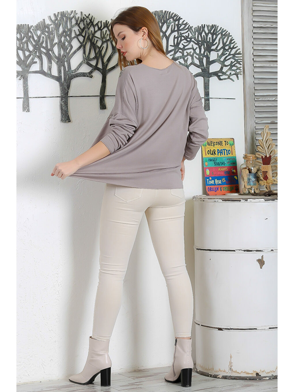 Bej İtalyan Vizon Havuz Yaka Uzun Kol Varak Baskılı Casual Triko Bluz-6