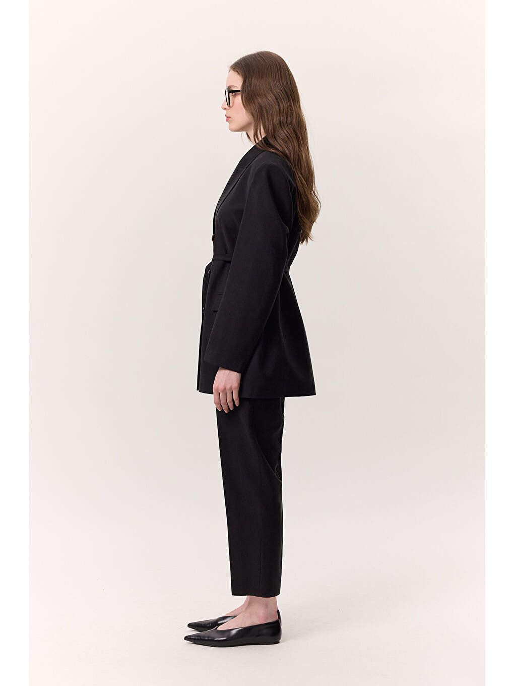 Lyocell Kemerli Kruvaze Blazer Ceket Siyah-4