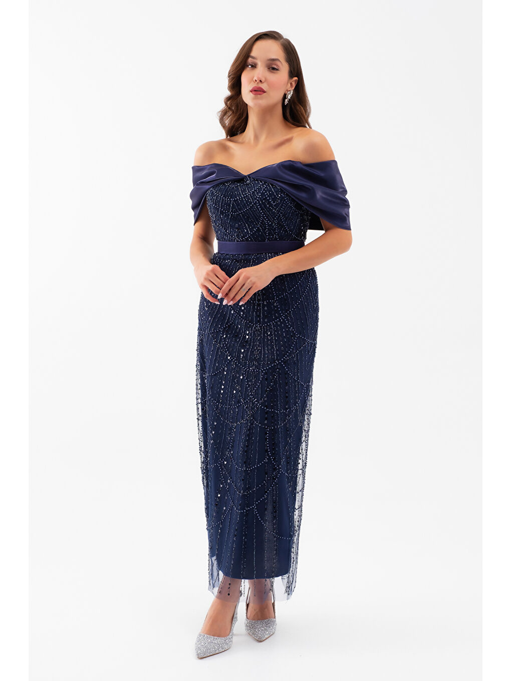 Kadın Lacivert Kayık Yaka Midi Boncuklu Abiye Elbise-1