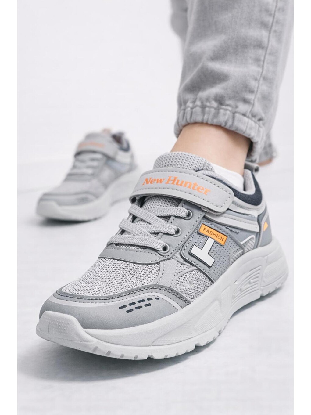 Gri Unisex Çocuk Spor Günlük Hafif Taban Cırtlı Bağcıklı Nefes Alabilen Kaymaz Okul Ve Günlük Sneaker-2