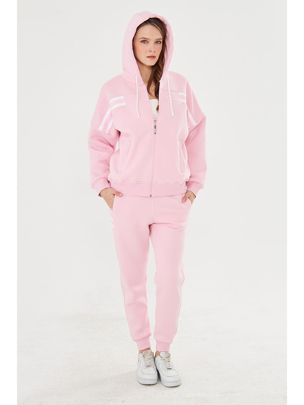 Kadın İçi Polarlı Kapüşonlu Kışlık Eşofman Takımı Pembe 8520-P-6
