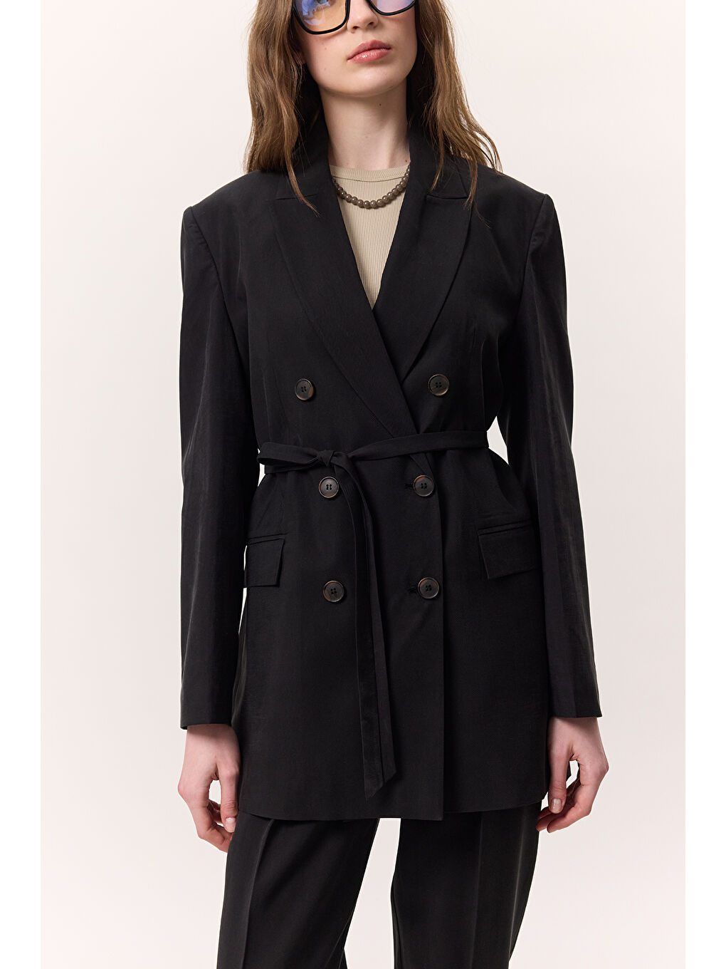 Lyocell Kemerli Kruvaze Blazer Ceket Siyah-5